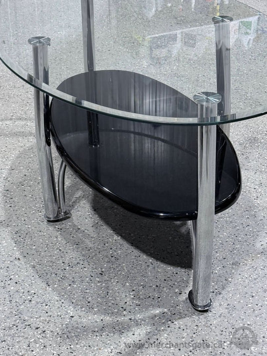 Modern Glass Coffee Table Oval Chrome Legs Black Lower Shelf 2 Tier Living Room