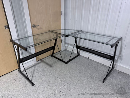 L-Shaped Glass Corner Desk Black Metal Frame 3-Piece Top Home Office Workstation