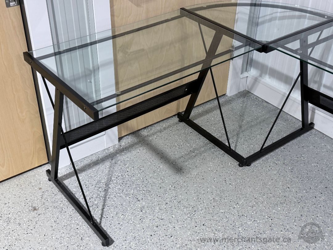 L-Shaped Glass Corner Desk Black Metal Frame 3-Piece Top Home Office Workstation