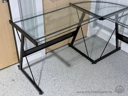 L-Shaped Glass Corner Desk Black Metal Frame 3-Piece Top Home Office Workstation
