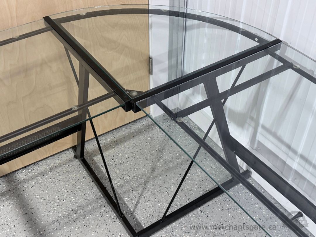 L-Shaped Glass Corner Desk Black Metal Frame 3-Piece Top Home Office Workstation