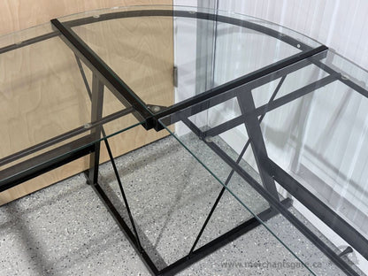 L-Shaped Glass Corner Desk Black Metal Frame 3-Piece Top Home Office Workstation
