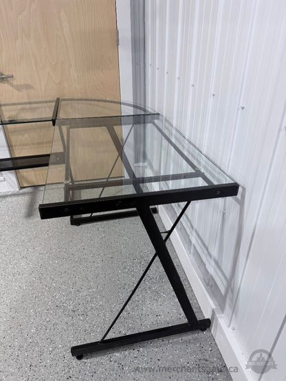 L-Shaped Glass Corner Desk Black Metal Frame 3-Piece Top Home Office Workstation