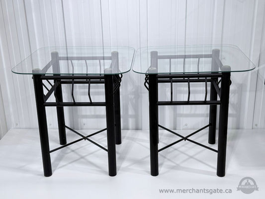 Pair Glass Top Side Tables Black Metal Base Indoor Outdoor Patio End Tables