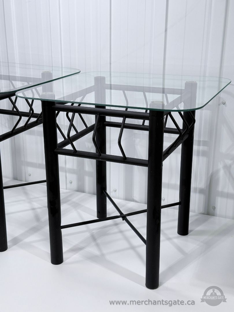 Pair Glass Top Side Tables Black Metal Base Indoor Outdoor Patio End Tables