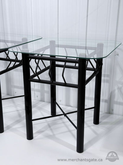 Pair Glass Top Side Tables Black Metal Base Indoor Outdoor Patio End Tables
