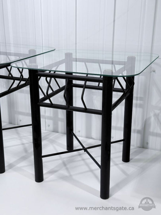 Pair Glass Top Side Tables Black Metal Base Indoor Outdoor Patio End Tables