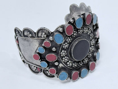 Sterling Style Silver Cuff Bracelet, Vintage Tribal Red Blue Inlay Statement – 1970s