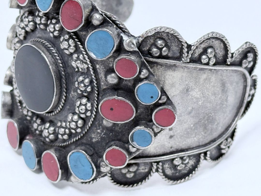 Sterling Style Silver Cuff Bracelet, Vintage Tribal Red Blue Inlay Statement – 1970s