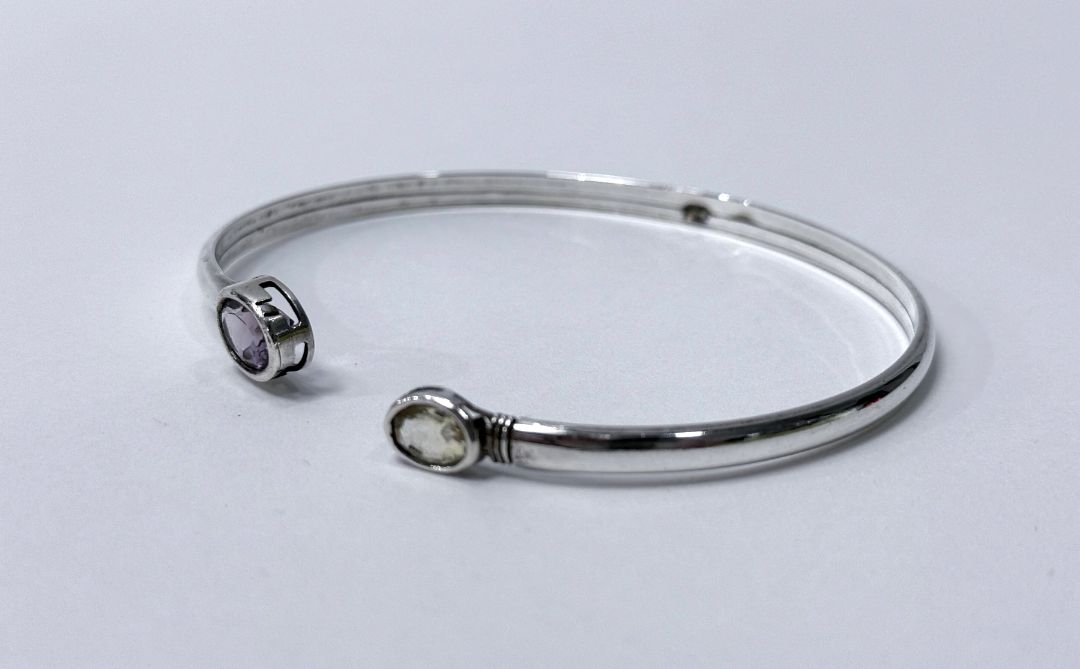 Sterling Silver Amethyst And Citrine Gemstone Bangle Bracelet 925 Cuff 6cm Wide