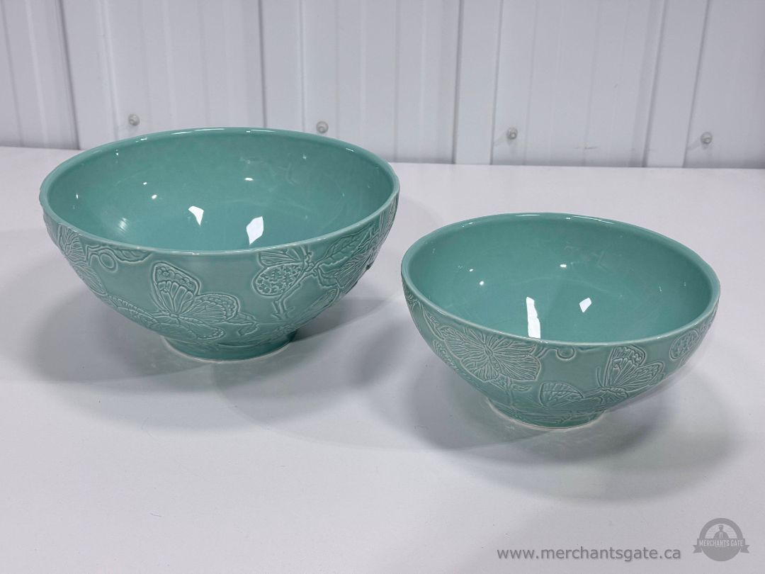 FAPOR Butterfly Embossed Aqua Ceramic Mixing Bowl Set Portugal