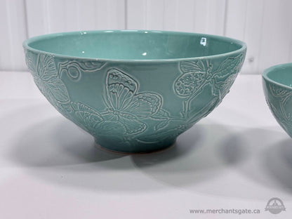 FAPOR Butterfly Embossed Aqua Ceramic Mixing Bowl Set Portugal