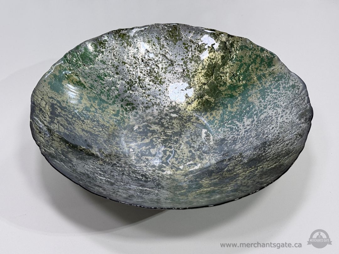 Decorative Art Glass Bowl Silver Green Textured Centerpiece Dish 12.75"