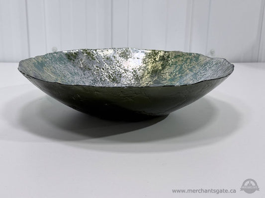 Decorative Art Glass Bowl Silver Green Textured Centerpiece Dish 12.75"