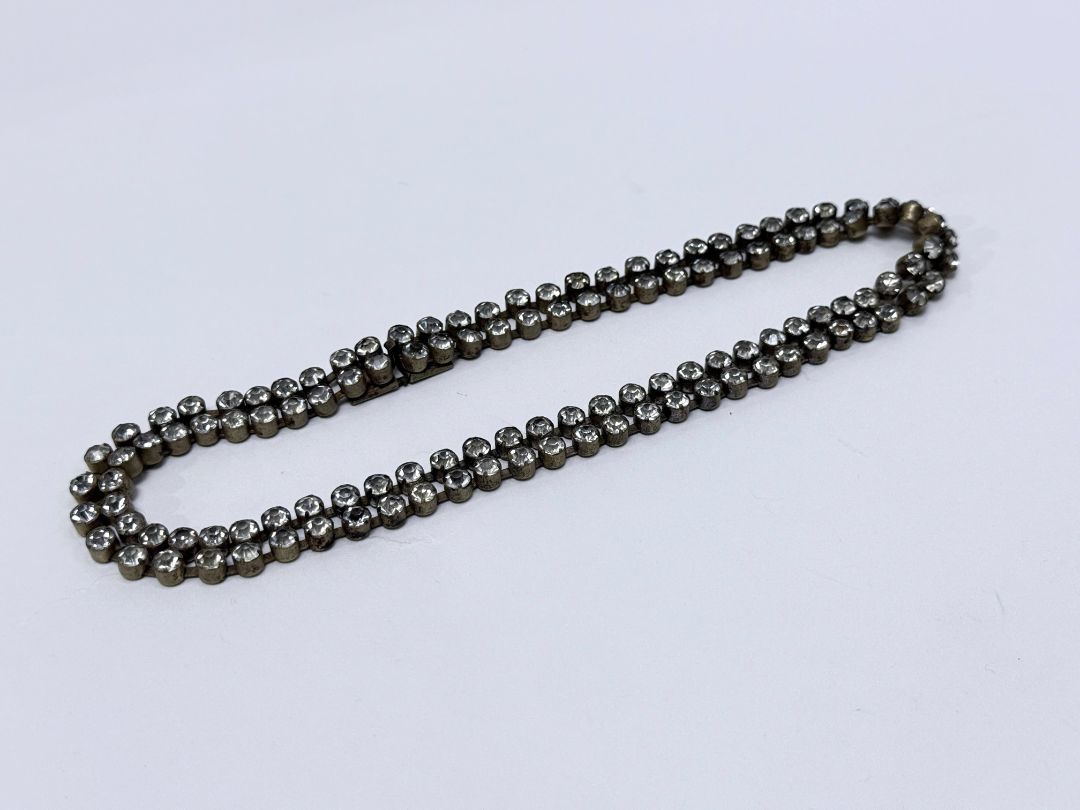 Czechoslovakia Rhinestone Necklace Double Row Brass Chain Vintage Jewelry 1930s