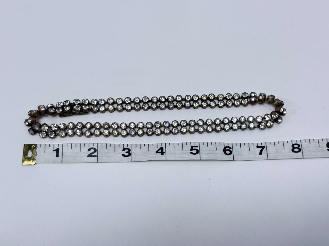 Czechoslovakia Rhinestone Necklace Double Row Brass Chain Vintage Jewelry 1930s