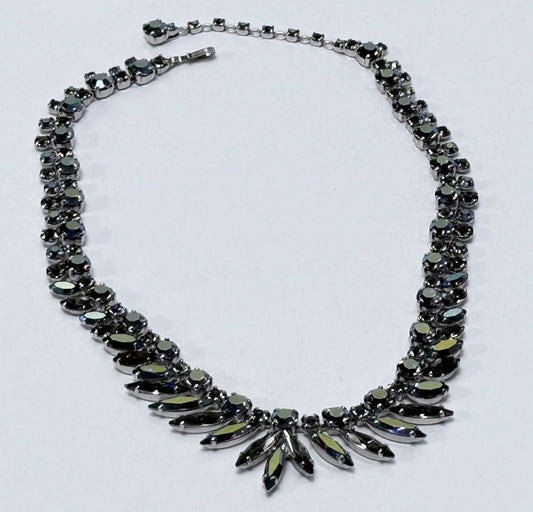 Signed Sherman Aurora Borealis Rhinestone Necklace Blue Tone Crystal Design 1960s