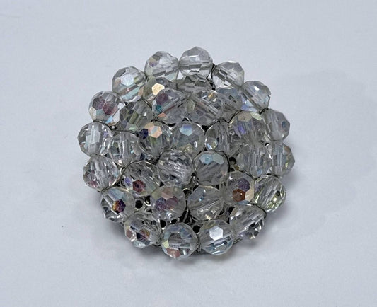 Vintage Crystal Bead Brooch Round Faceted Aurora Borealis Pin Mid Century Costume Jewelry