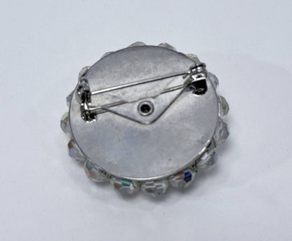 Vintage Crystal Bead Brooch Round Faceted Aurora Borealis Pin Mid Century Costume Jewelry