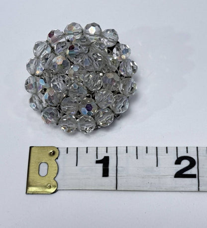 Vintage Crystal Bead Brooch Round Faceted Aurora Borealis Pin Mid Century Costume Jewelry