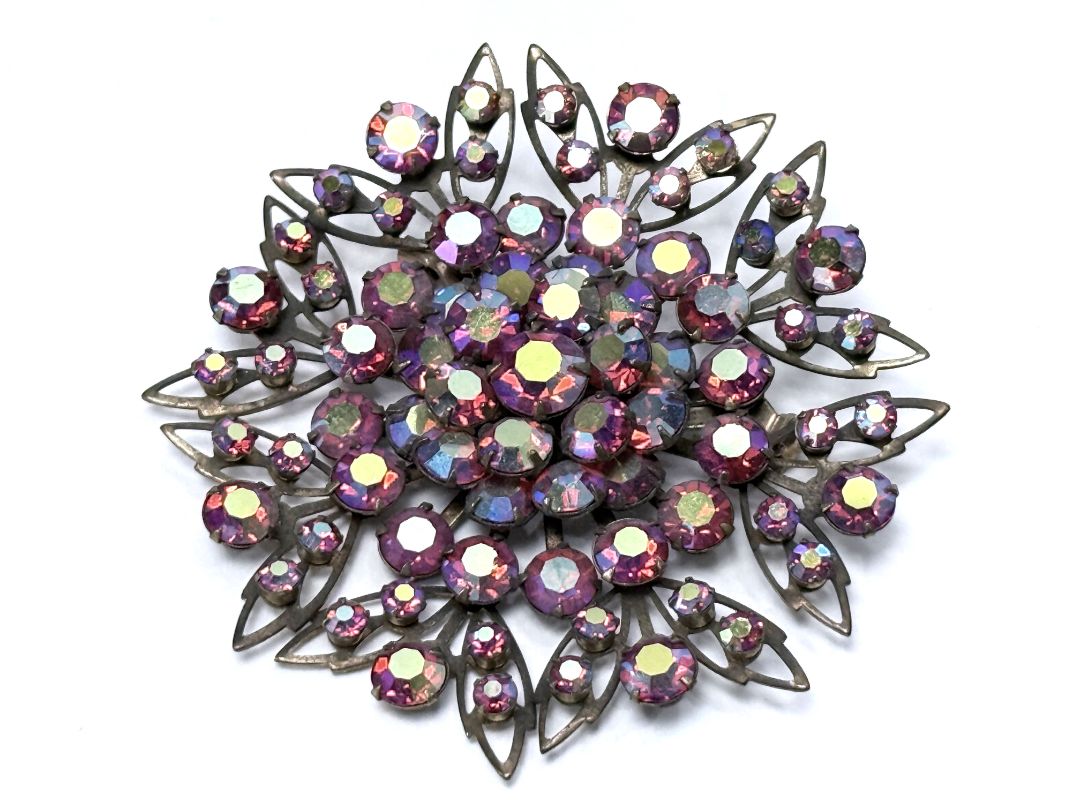 Vintage Starburst Brooch Pink Aurora Borealis Rhinestones Layered Mid Century Jewelry 1960s