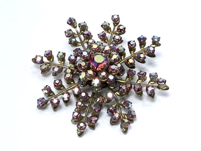 Vintage Snowflake Brooch Pink Aurora Borealis Rhinestones Round Statement Mid Century Jewelry
