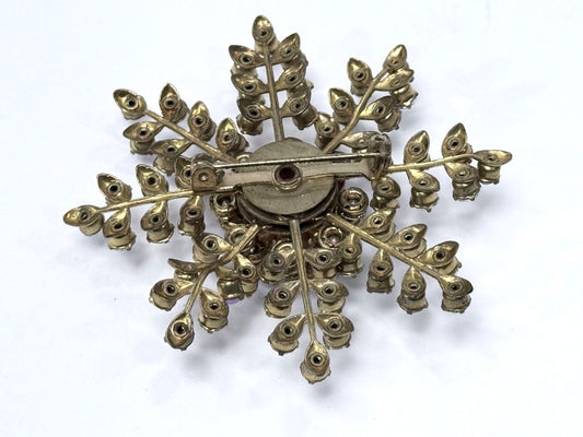 Vintage Snowflake Brooch Pink Aurora Borealis Rhinestones Round Statement Mid Century Jewelry