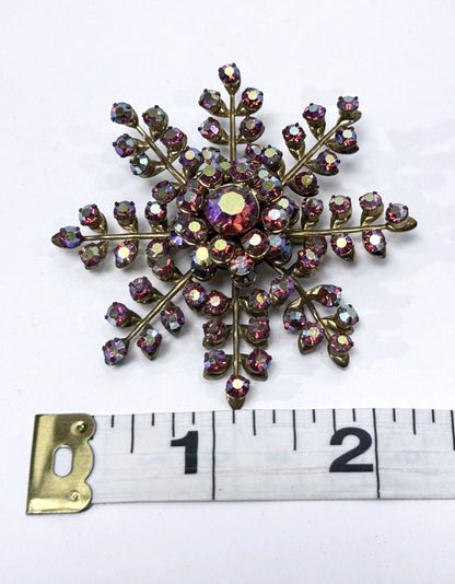Vintage Snowflake Brooch Pink Aurora Borealis Rhinestones Round Statement Mid Century Jewelry
