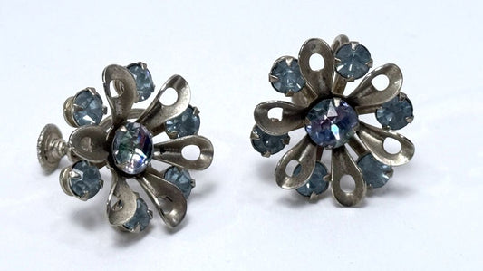 Vintage Screw Back Earrings Blue Rhinestone Flower