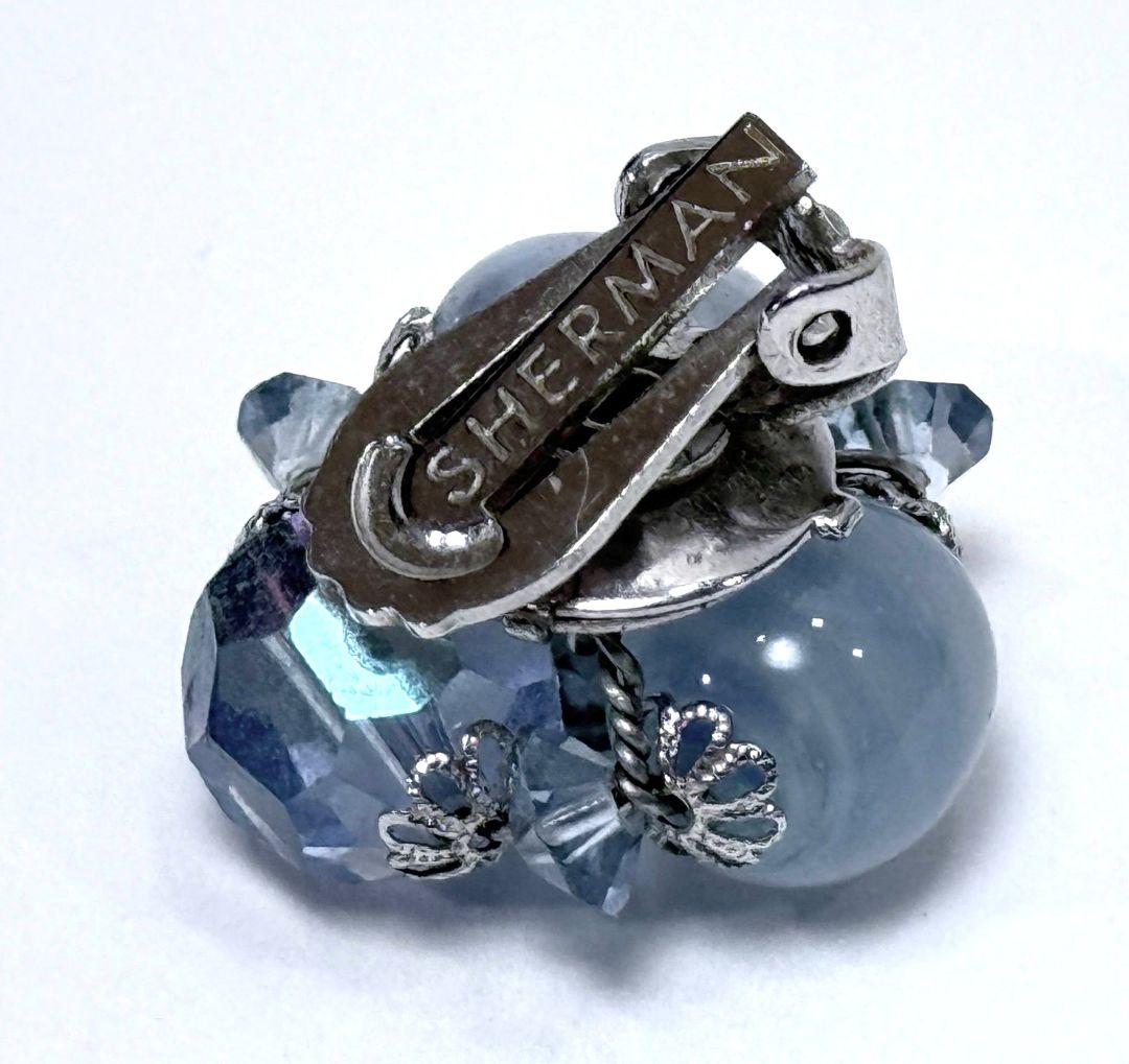 Signed Single Sherman Earring, Blue Bead Cluster Clip-On Mid-Century Costume Jewelry