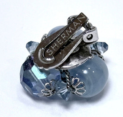 Signed Single Sherman Earring, Blue Bead Cluster Clip-On Mid-Century Costume Jewelry