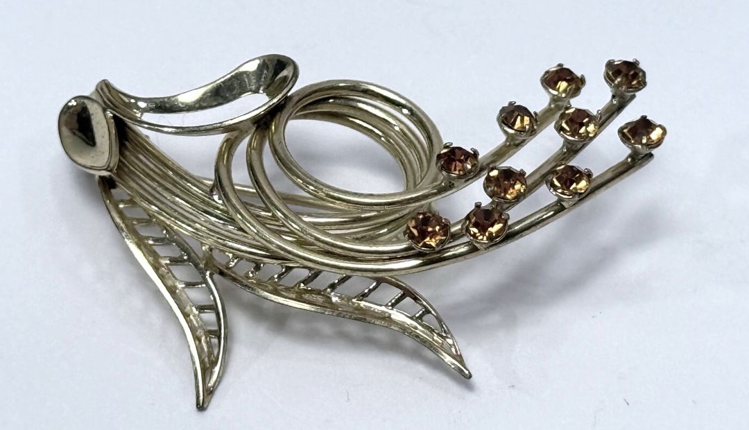 Vintage Modernist Brooch Floral Spray Amber Rhinestones Mid Century Jewelry 1960s