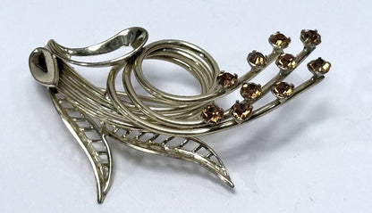 Vintage Modernist Brooch Floral Spray Amber Rhinestones Mid Century Jewelry 1960s