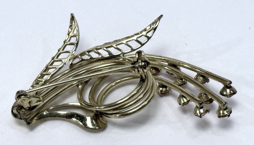 Vintage Modernist Brooch Floral Spray Amber Rhinestones Mid Century Jewelry 1960s