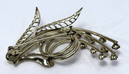 Vintage Modernist Brooch Floral Spray Amber Rhinestones Mid Century Jewelry 1960s