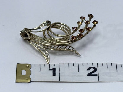 Vintage Modernist Brooch Floral Spray Amber Rhinestones Mid Century Jewelry 1960s