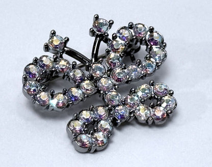 Vintage Butler Signed Butterfly Brooch Aurora Borealis Rhinestones Silver Tone Costume Jewelry