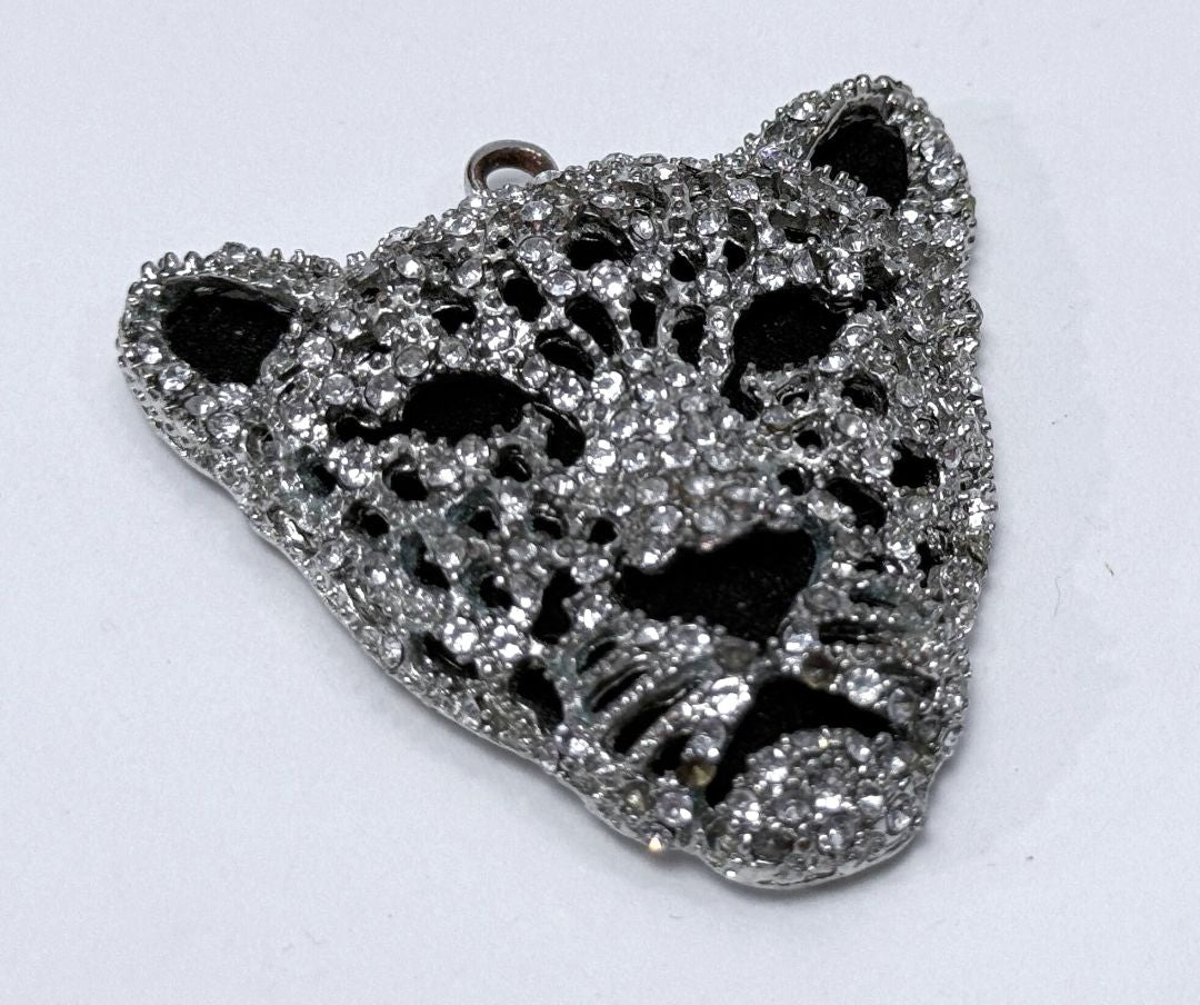 Silver Panther Head Pendant Statement Jewelry Pave Rhinestones Heart Cutout Back