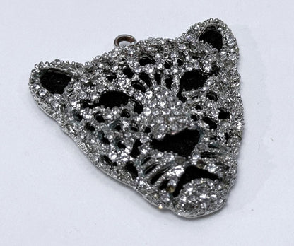 Silver Panther Head Pendant Statement Jewelry Pave Rhinestones Heart Cutout Back