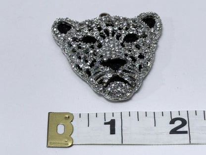 Silver Panther Head Pendant Statement Jewelry Pave Rhinestones Heart Cutout Back