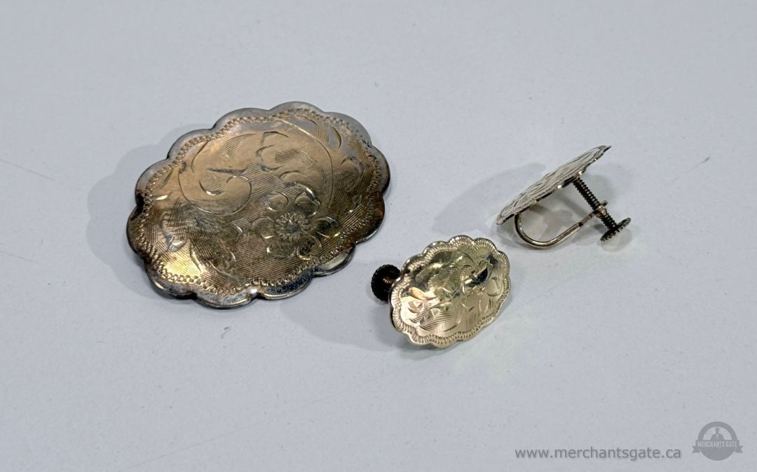 Vintage Gold Filled Floral Engraved Brooch and Screw Back Earrings Set