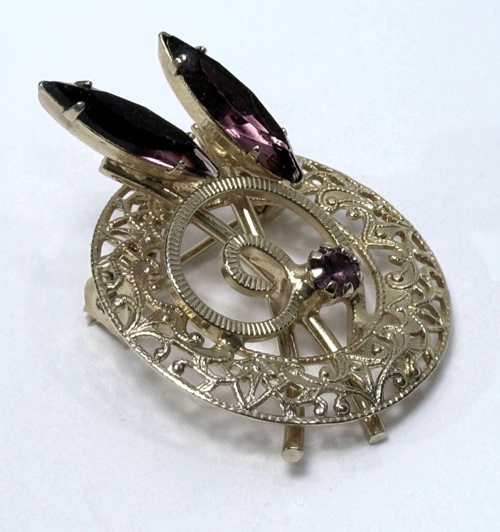 Gold Tone Filigree Brooch Purple Rhinestones Mid Century Vintage Jewelry 1960s