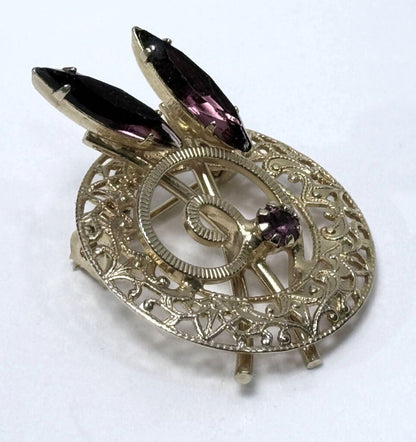 Gold Tone Filigree Brooch Purple Rhinestones Mid Century Vintage Jewelry 1960s