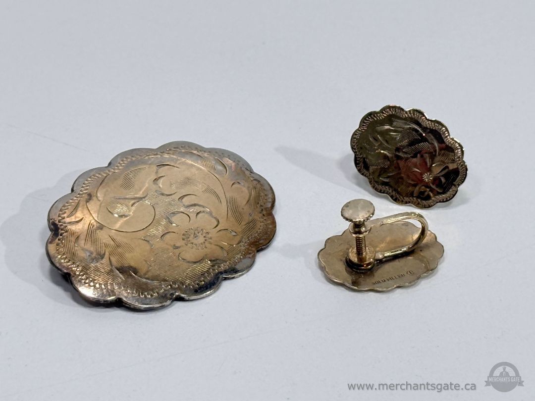 Vintage Gold Filled Floral Engraved Brooch and Screw Back Earrings Set