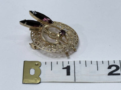 Gold Tone Filigree Brooch Purple Rhinestones Mid Century Vintage Jewelry 1960s