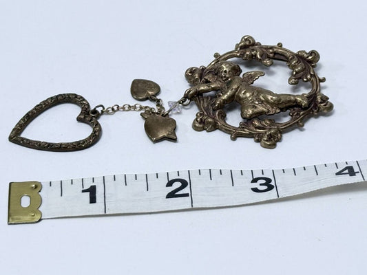 Vintage Brass Cherub Brooch Dangling Heart Charms Romantic ornate Cupid