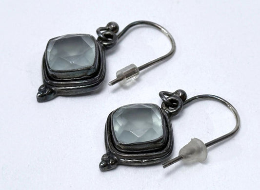 Sterling Silver Earrings Dangle French Hook Pale Blue Gemstone Vintage Look Oxidized Finish