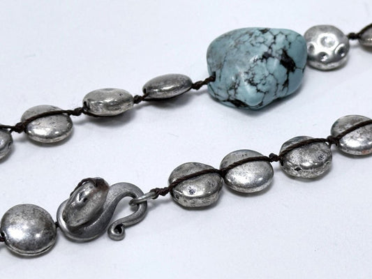 Vintage Metal Bead Necklace Oxidized Finish Possible Sterling Turquoise Nugget Snake Clasp