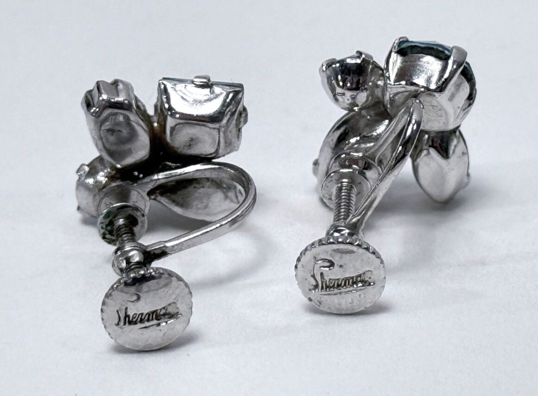 Signed Sherman Earrings Blue Rhinestone Screw Back Vintage Cluster Mid Century Jewelry 1/2 Inch