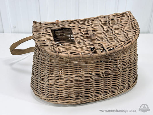 Vintage Wicker Fishing Creel Basket with Shoulder Strap